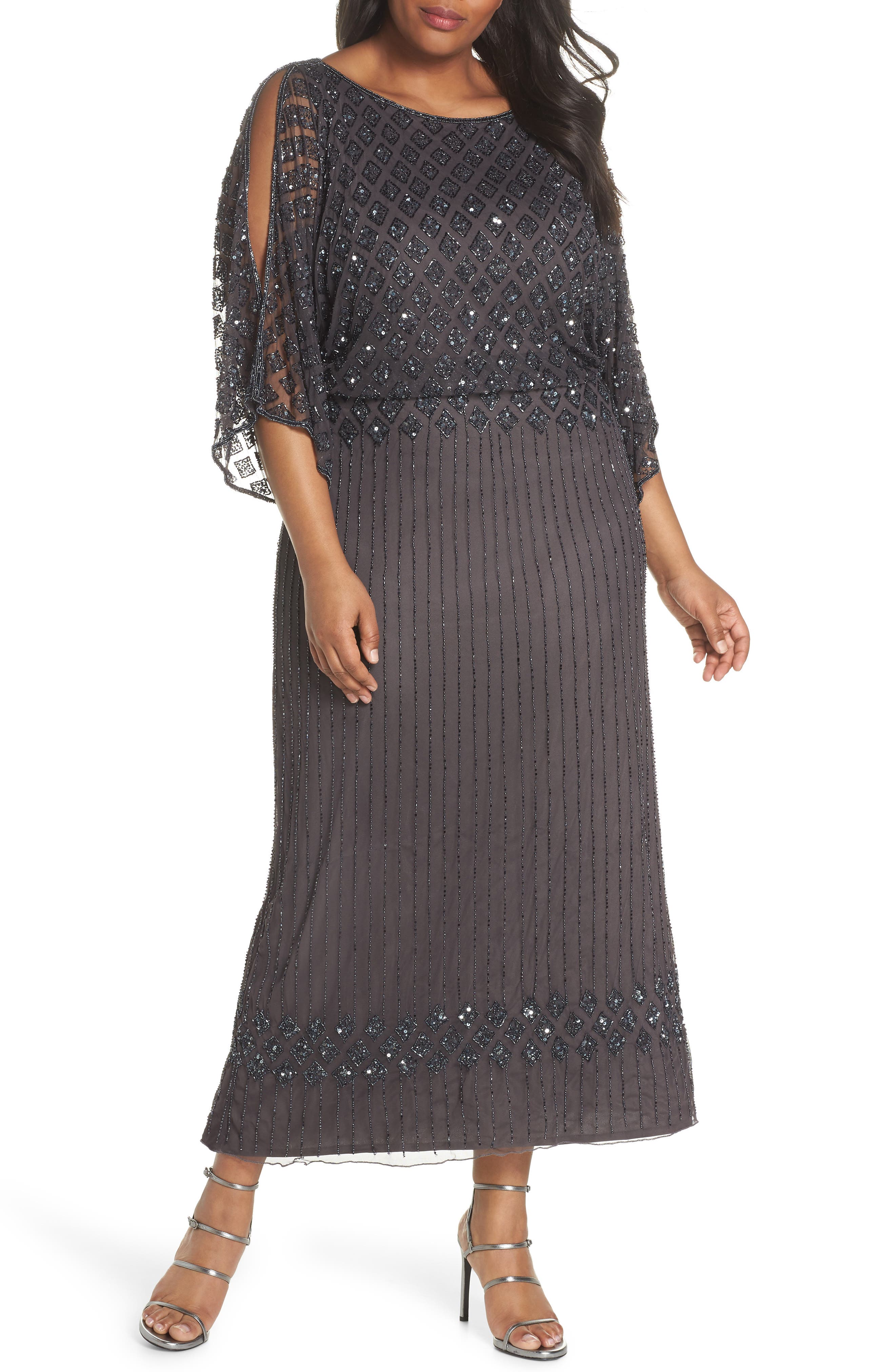 pisarro nights diamond motif mesh blouson gown