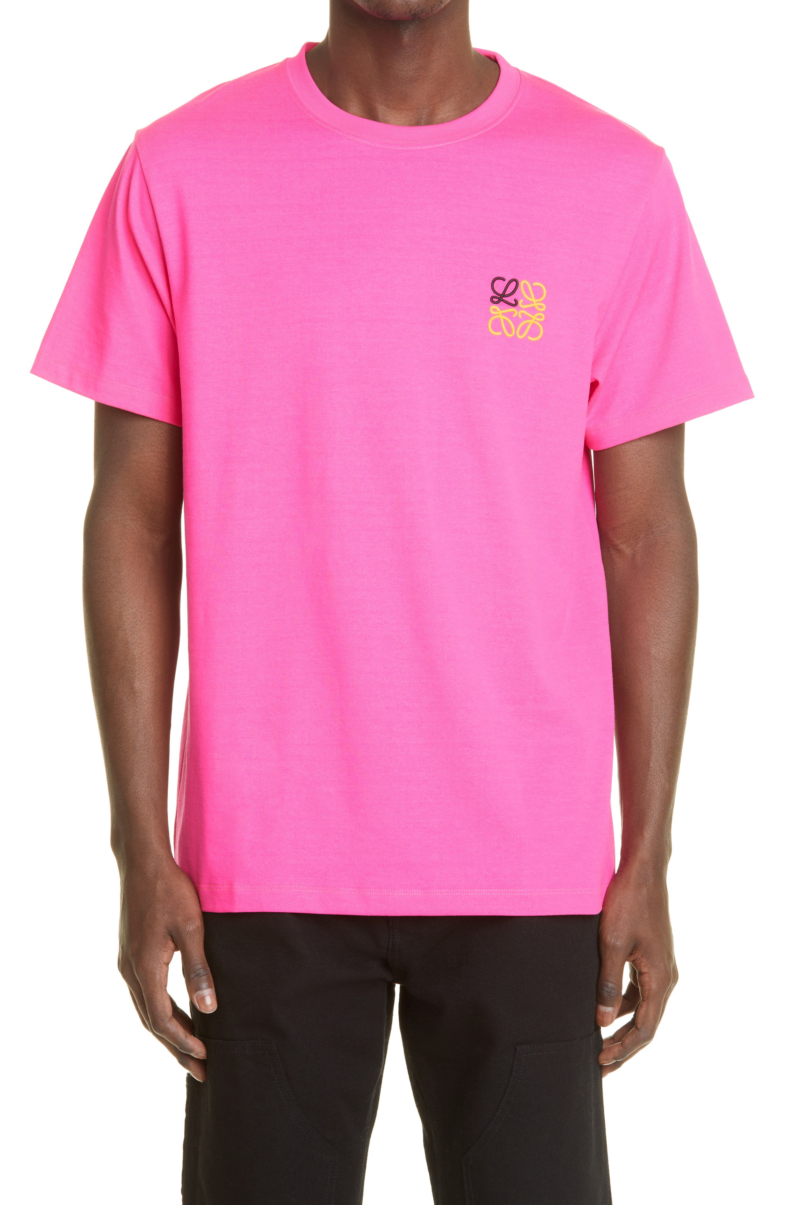 Loewe Men's Anagram Logo Embroidered Cotton Blend T-Shirt in Fluorescent Pink at Nordstrom, Size X-Large