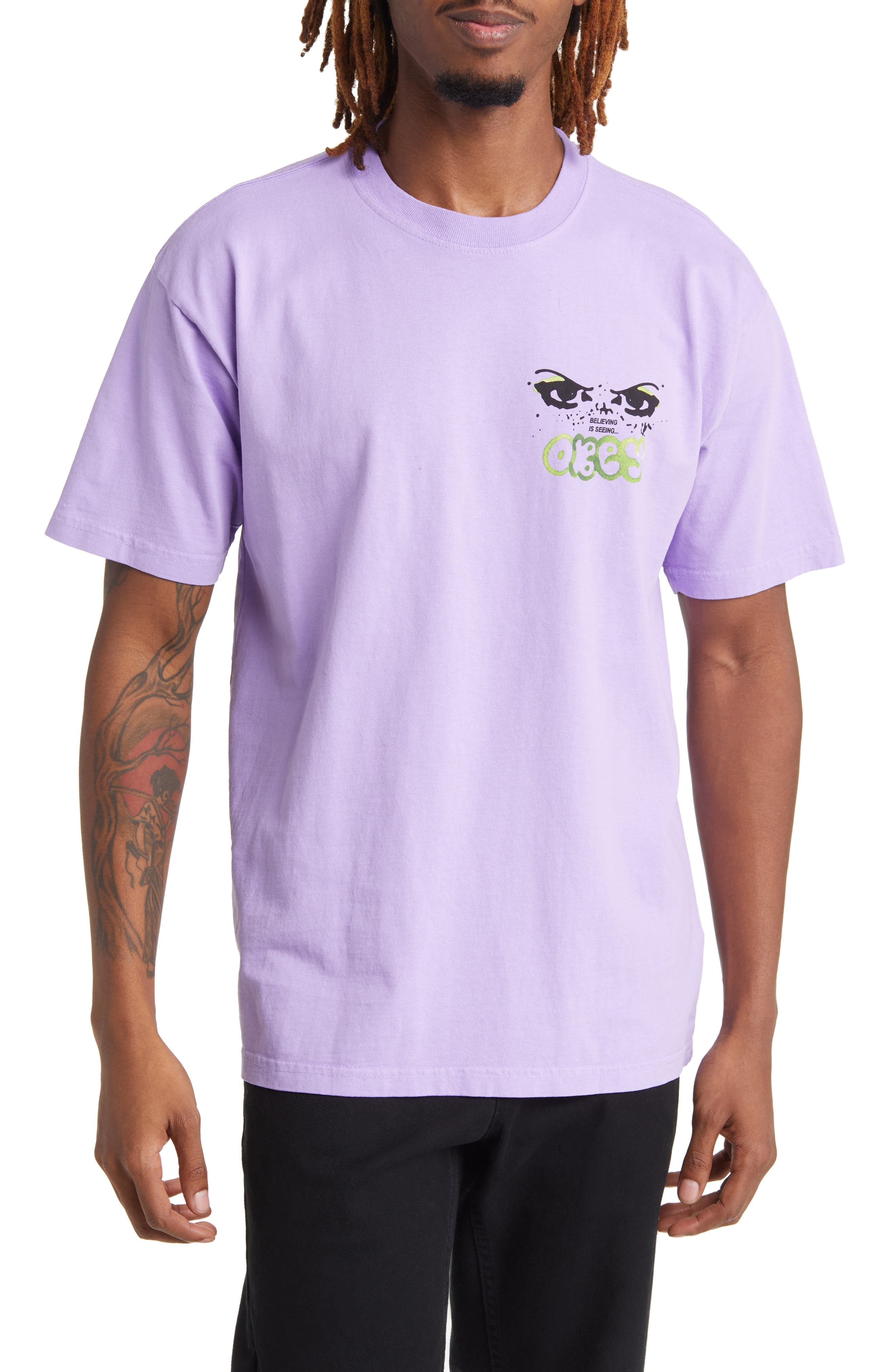 white & purple graphic tee