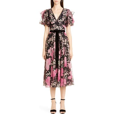Marchesa Notte Embroidered Flutter Sleeve Midi Dress, Black