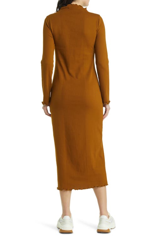 Treasure & Bond Placed Rib Mock Neck Long Sleeve Midi Dress In Brown Temple