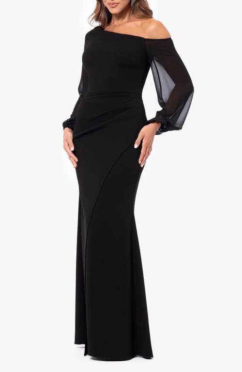 Betsy & Adam Petite One-shoulder Sheer-sleeve Evening Gown In Black