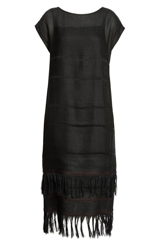 Shop Lafayette 148 Fringed Cap Sleeve Linen Blend Midi Dress In Black