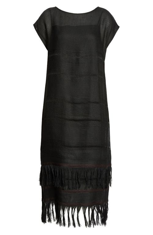 Fringed Cap Sleeve Linen Blend Midi Dress in Black