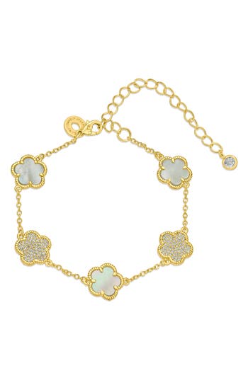 Shop Cz By Kenneth Jay Lane Cz Clover Station Chain Bracelet In Mother Of Pearl/gold