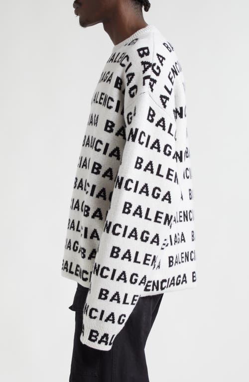 Shop Balenciaga Allover Logo Wool Blend Crewneck Sweater In White/black