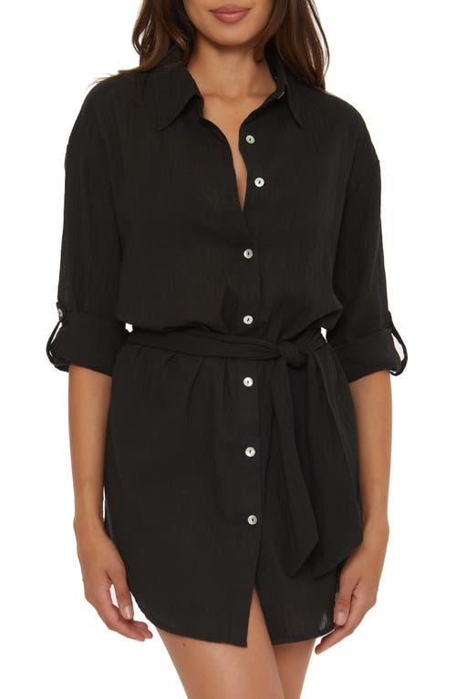 Long Sleeve Cotton Gauze Cover-Up Shirtdress in Black