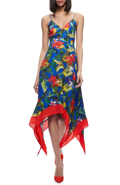 Alice + Olivia Kayson Floral Handkerchief Hem Cotton Dress in Tropical Sunrise Sapphire