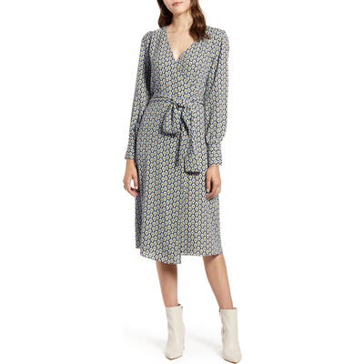 Petite Halogen Long Sleeve Wrap Midi Dress, Blue