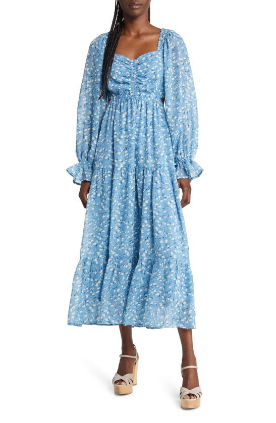 Moon River Floral Long Sleeve Tiered Midi Dress In Blue Multi