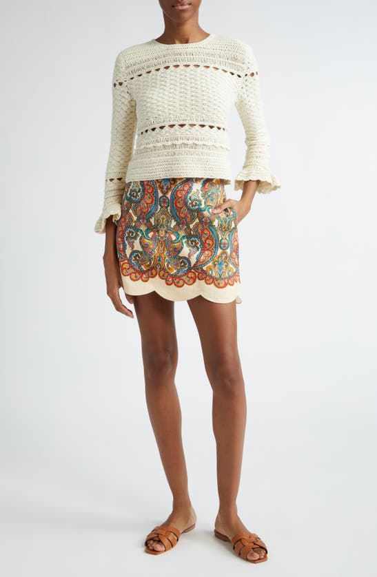 Shop Zimmermann Ottie Scalloped Linen Miniskirt In Multi Paisley