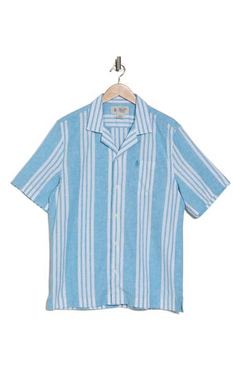 Original Penguin Stripe Linen & Cotton Camp Shirt In Blue