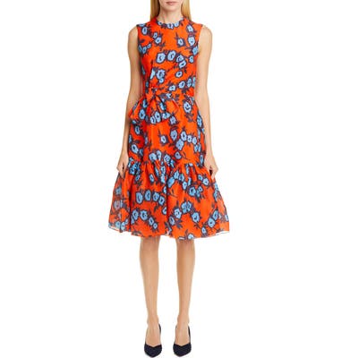 Carolina Herrera Floral Bow Waist Silk Dress, Orange