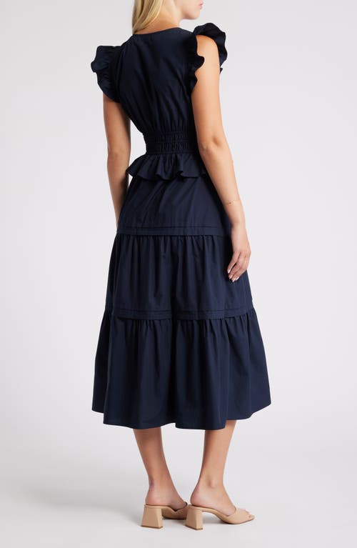 Shop Moon River Flutter Sleeve Tiered Cotton Dress In Navy