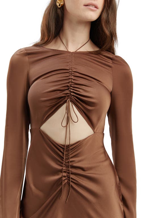 Shop Bardot Daring Ruched Long Sleeve Cutout Midi Dress In Chocolate