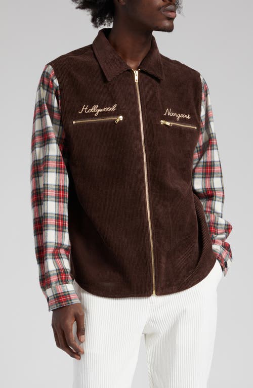 Plaid Sleeve Corduroy Zip Shirt Jacket in Brown