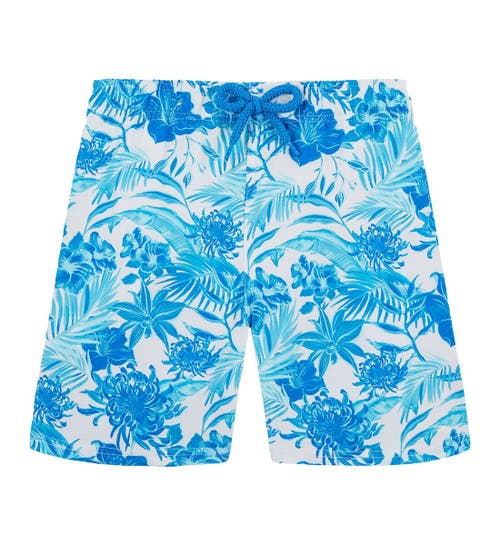 Vilebrequin Kids' Tahiti Flowers Stretch Swim Trunks In Blanc