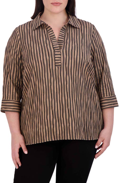 Foxcroft Sophie Crinkled Stripe Cotton Blend Button-Up Shirt Almond/Black at Nordstrom,