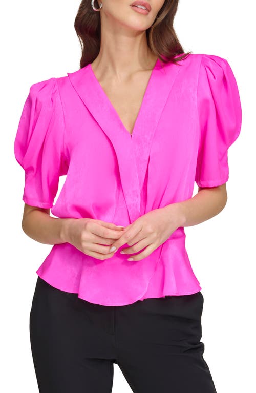 DKNY Puff Sleeve Peplum Satin Top Shocking Pink at Nordstrom,