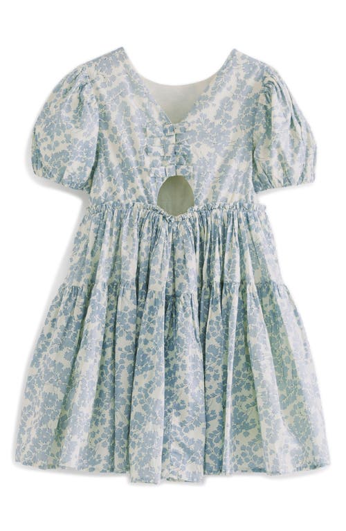 Laura Ashley Kids' Floral Tiered Puff Sleeve Cutout Cotton Dress In Ivory Blue