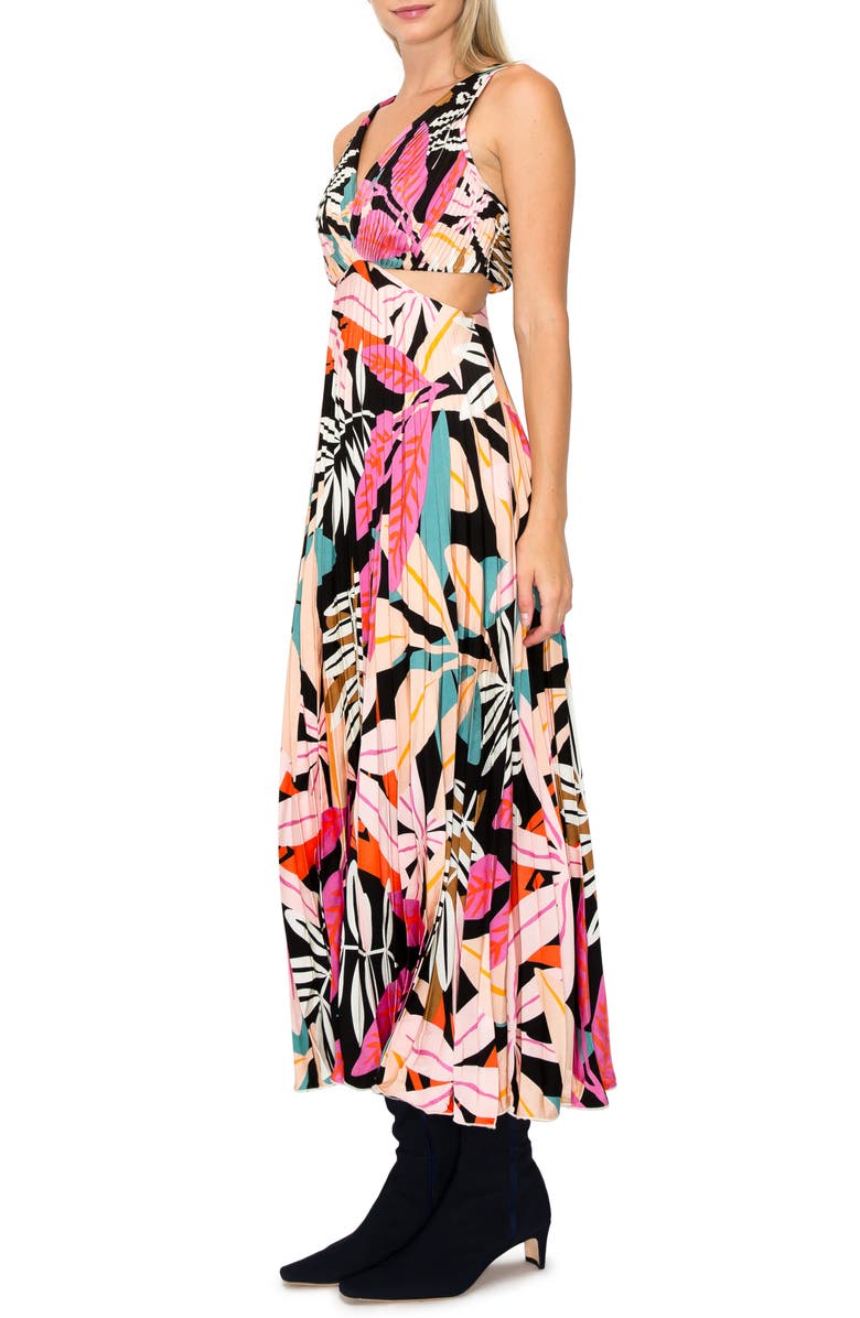 MELLODAY Leaf Print Pleated Cutout Maxi Dress | Nordstrom