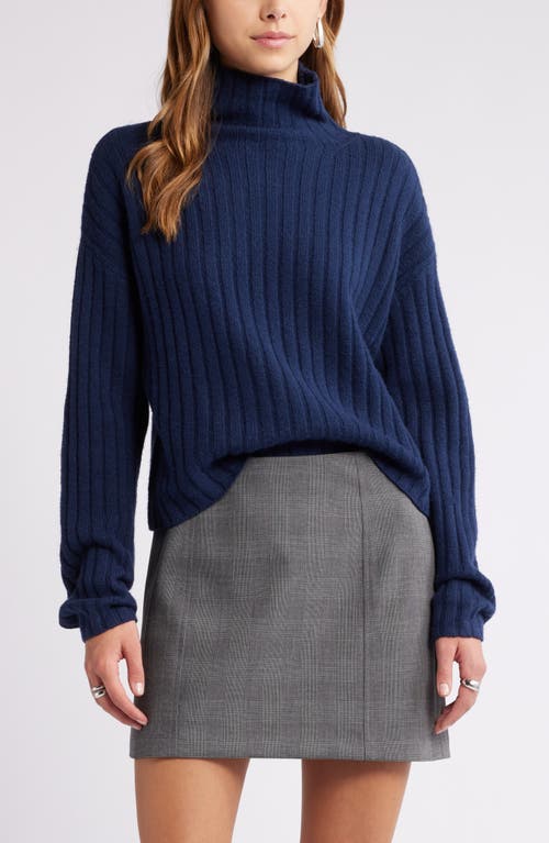 Shop Open Edit Cotton Blend Rib Funnel Neck Sweater In Navy Blazer