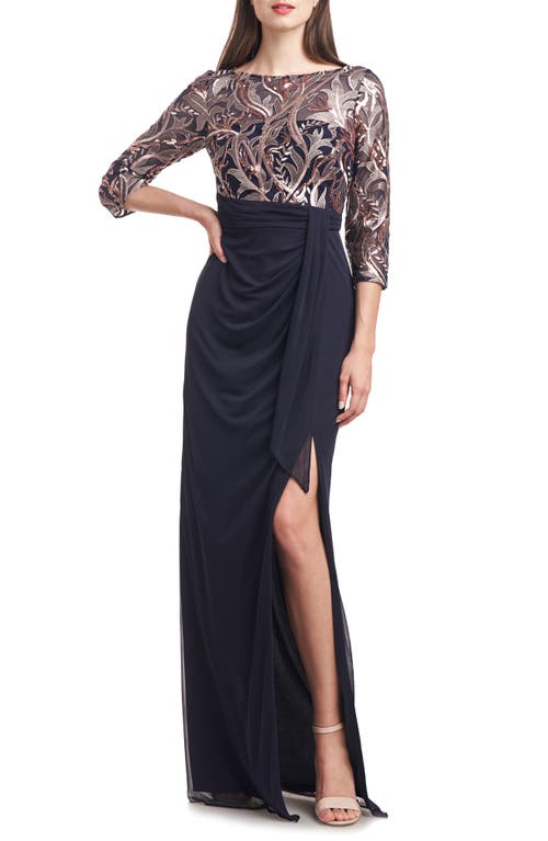 Carrie Sequin Embroidered Draped Gown in Navy Rose Gold