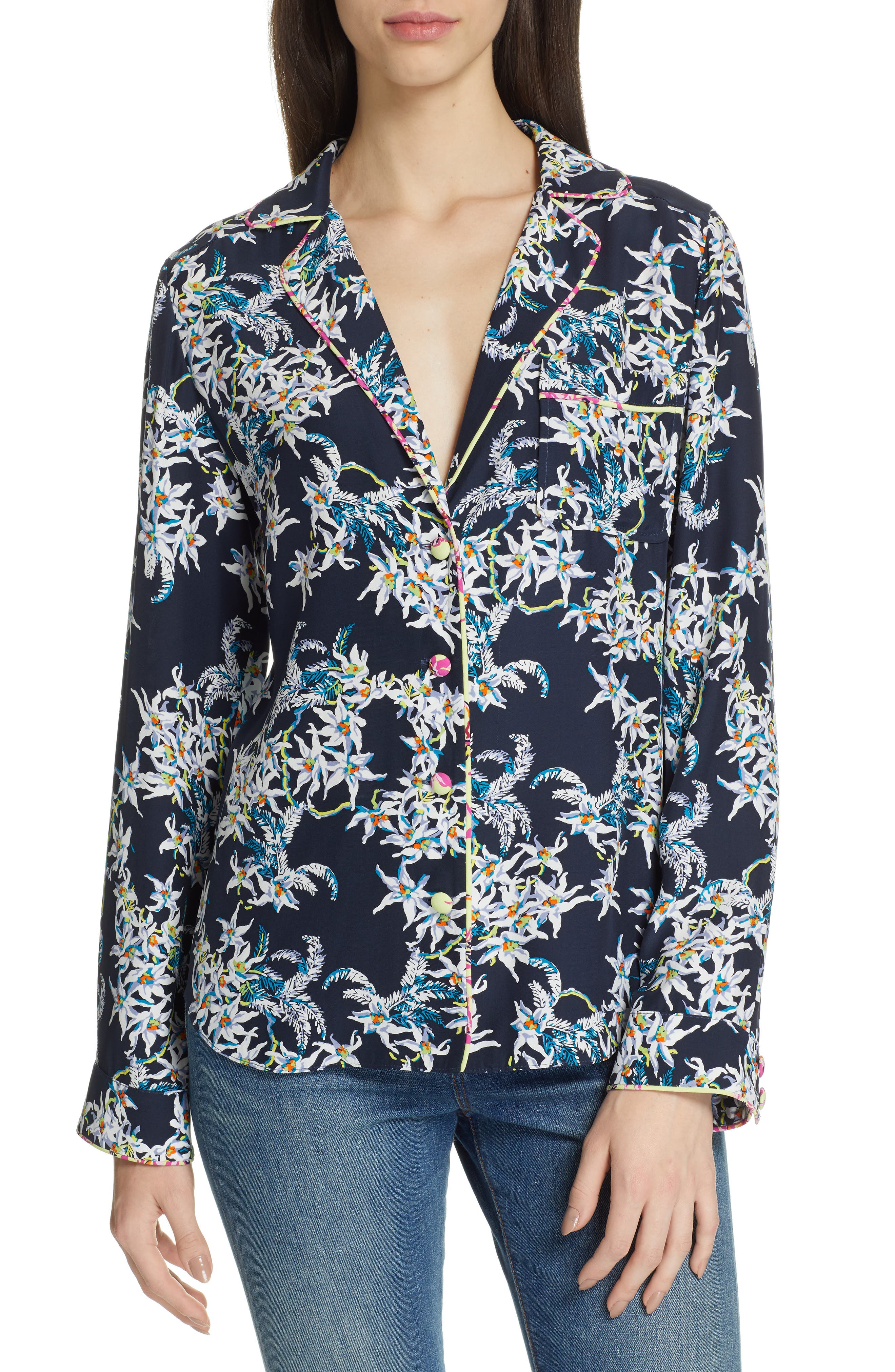 Cinq A Sept Juliet Silk Pajama Blouse, Blue