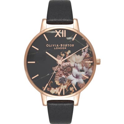 Olivia Burton Marble Floral Leather Strap Watch,