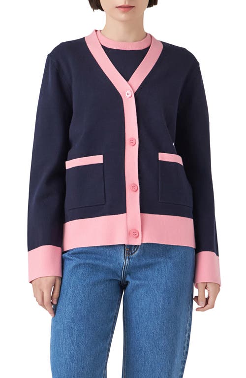 English Factory Contrast Cardigan in Blue/Pink at Nordstrom, Size Small