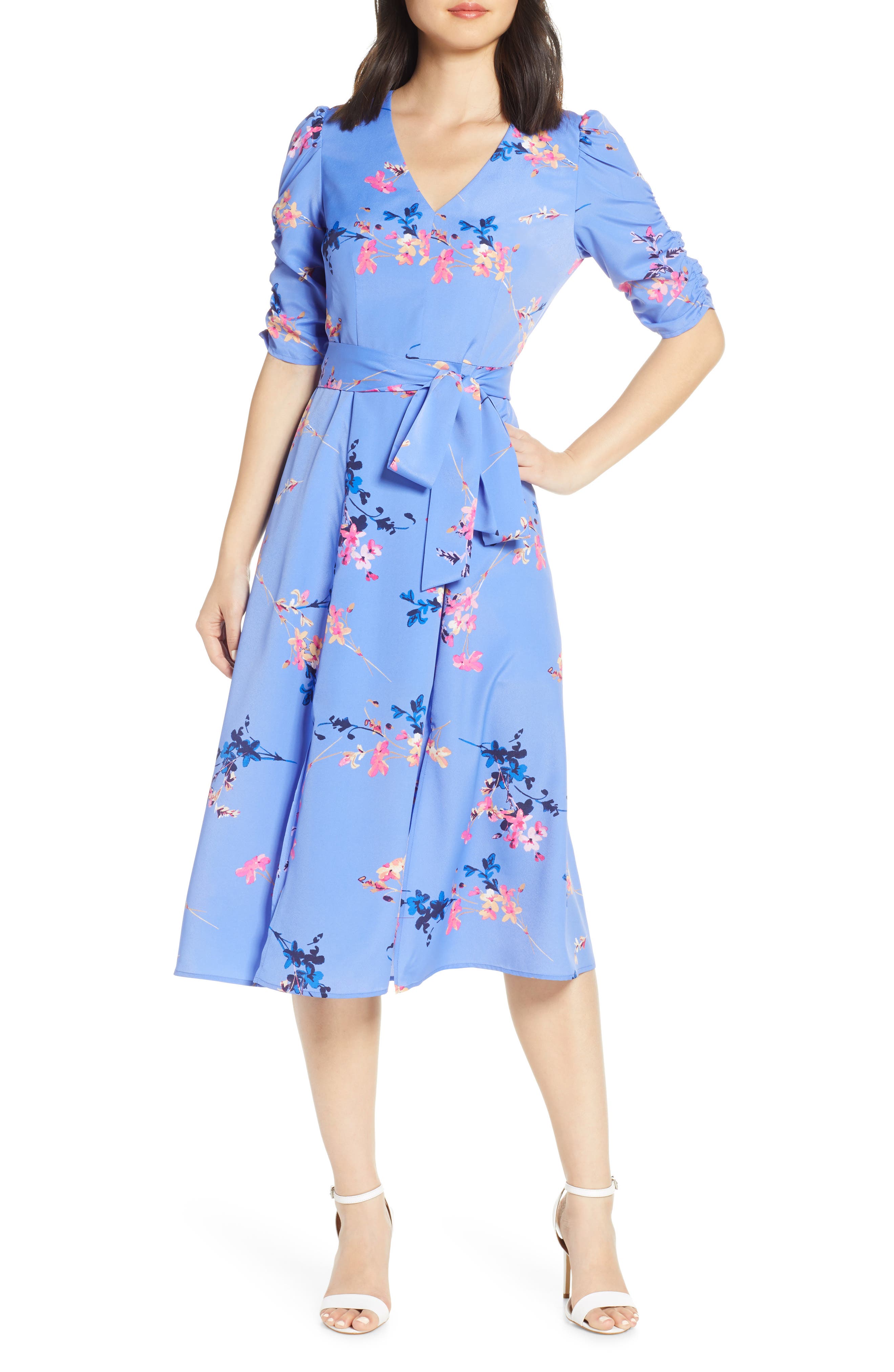 Eliza J Floral Ruched Sleeve Crepe De Chine Midi Dress, Blue