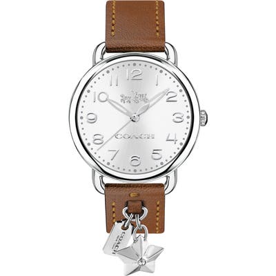 Coach Delancey Charm Detail Leather Strap Watch,