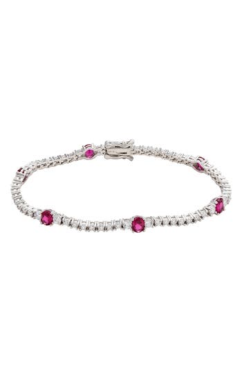 Suzy Levian Sterling Silver Red And White Cubic Zirconia Tennis Bracelet In Metallic