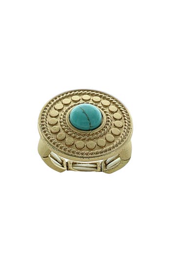 Shop Olivia Welles Imitation Turquoise Medallion Adjustable Ring In Matte Gold/turquoise
