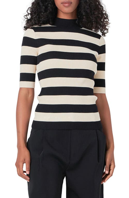 Shop Endless Rose Stripe Short Sleeve Mock Neck Sweater In Black/nude