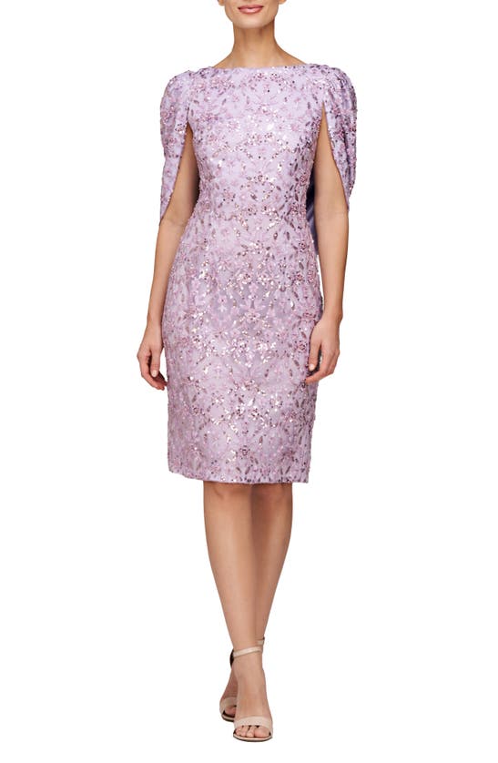 Js Collections Jordan Beaded Cape Sleeve Cocktail Dress In Lavender