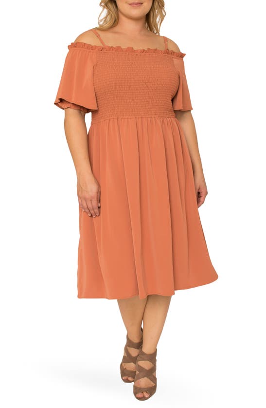 Standards & Practices Gabi Cold Shoulder Smocked Midi Dress In Brown