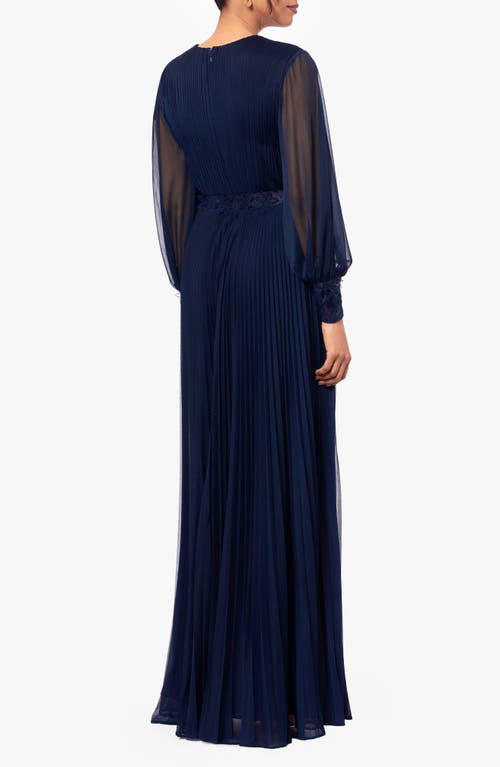 Betsy & Adam Petite V-neck Side-beaded Long-sleeve Gown In Navy