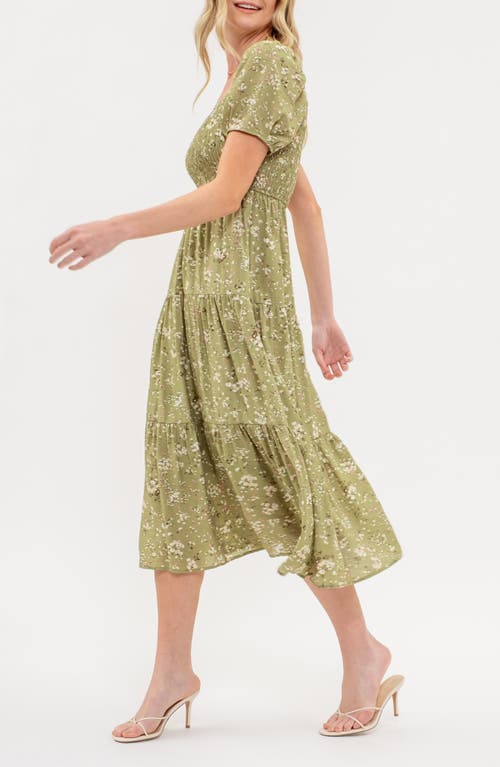 August Sky Ditsy Floral Short Sleeve Tiered Midi Dress In Olive Multi