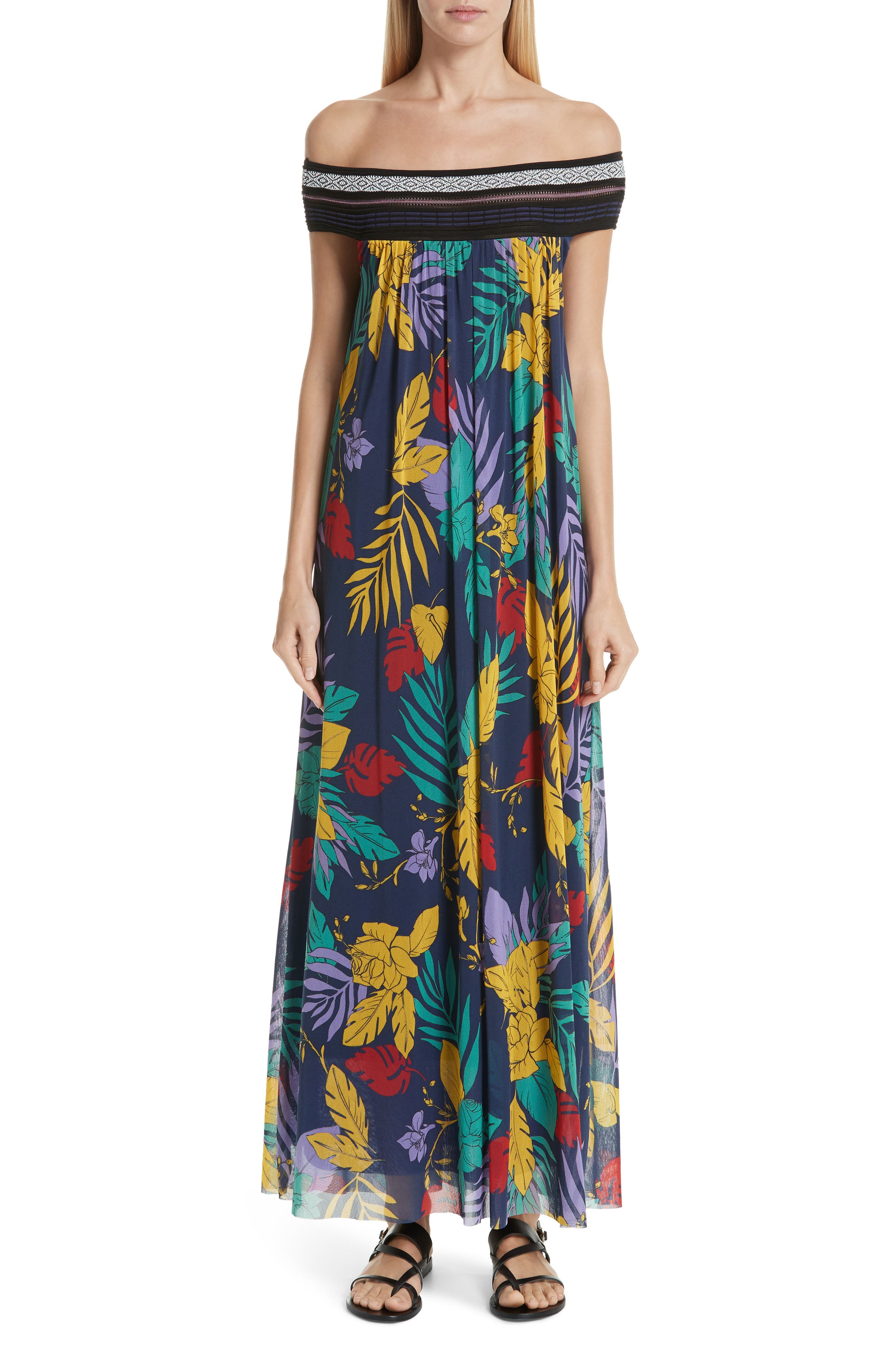Fuzzi Floral Tulle Off The Shoulder Maxi Dress, Blue