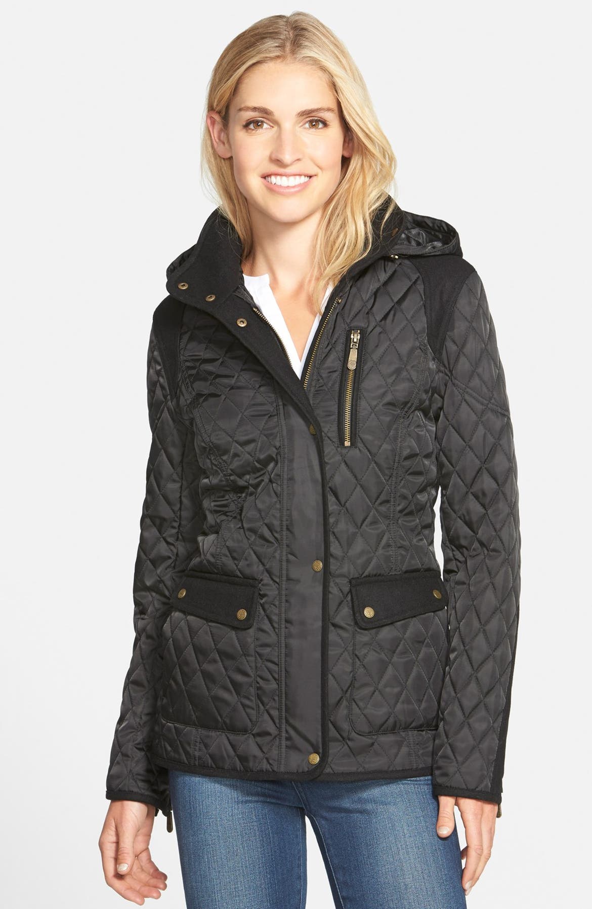 Vince Camuto Mixed Media Quilted Jacket with Detachable Hood | Nordstrom