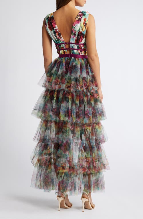 Bebe Tiered High Low Mesh Dress In Olive Multi