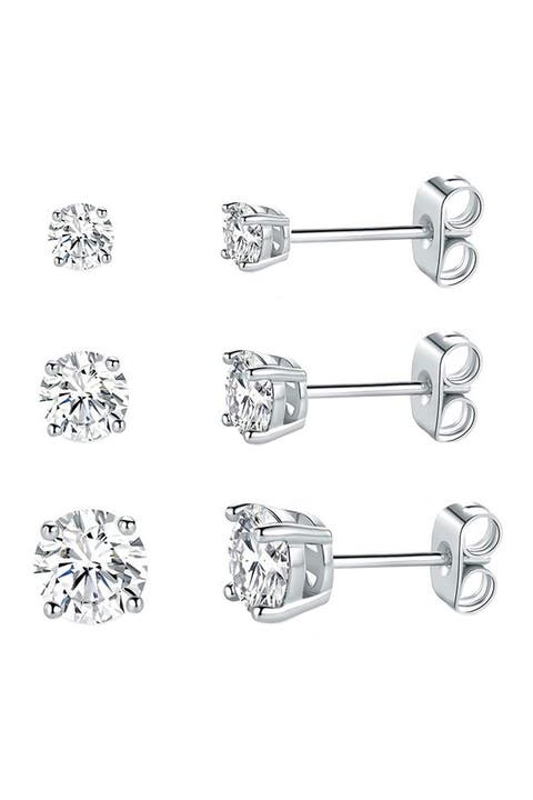 Set of 3 Sterling Silver Round Cubic Zirconia Stud Earrings