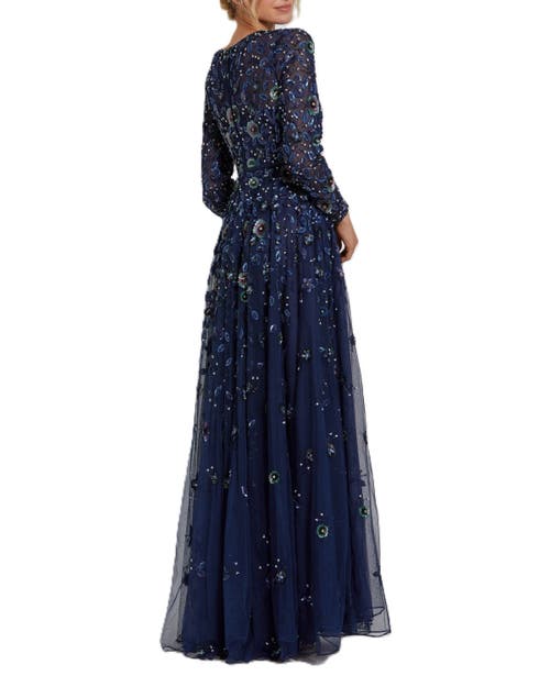 Mac Duggal Embellished High Neck Long Sleeve A-line Gown In Navy