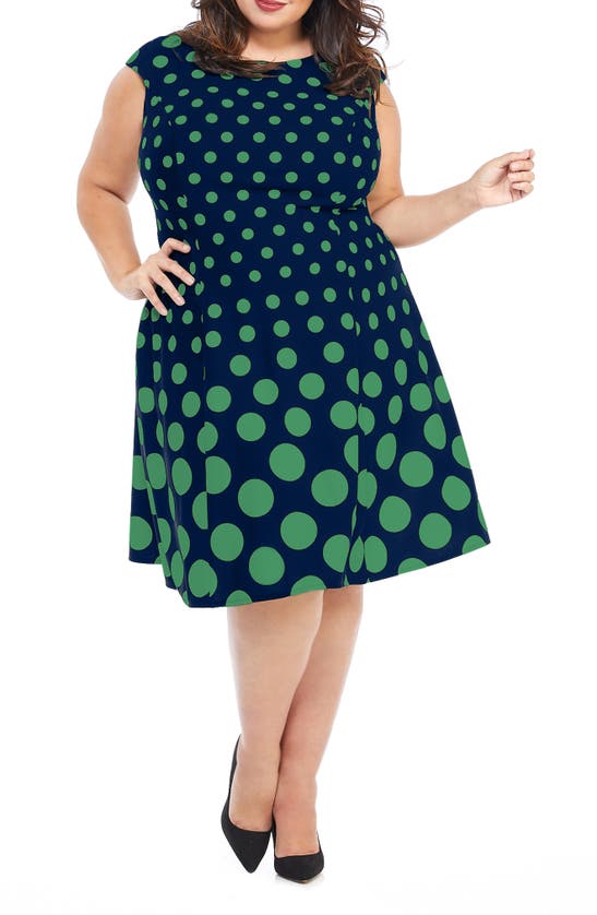 London Times Polka Dot Fit & Flare Dress In Navy/ Green