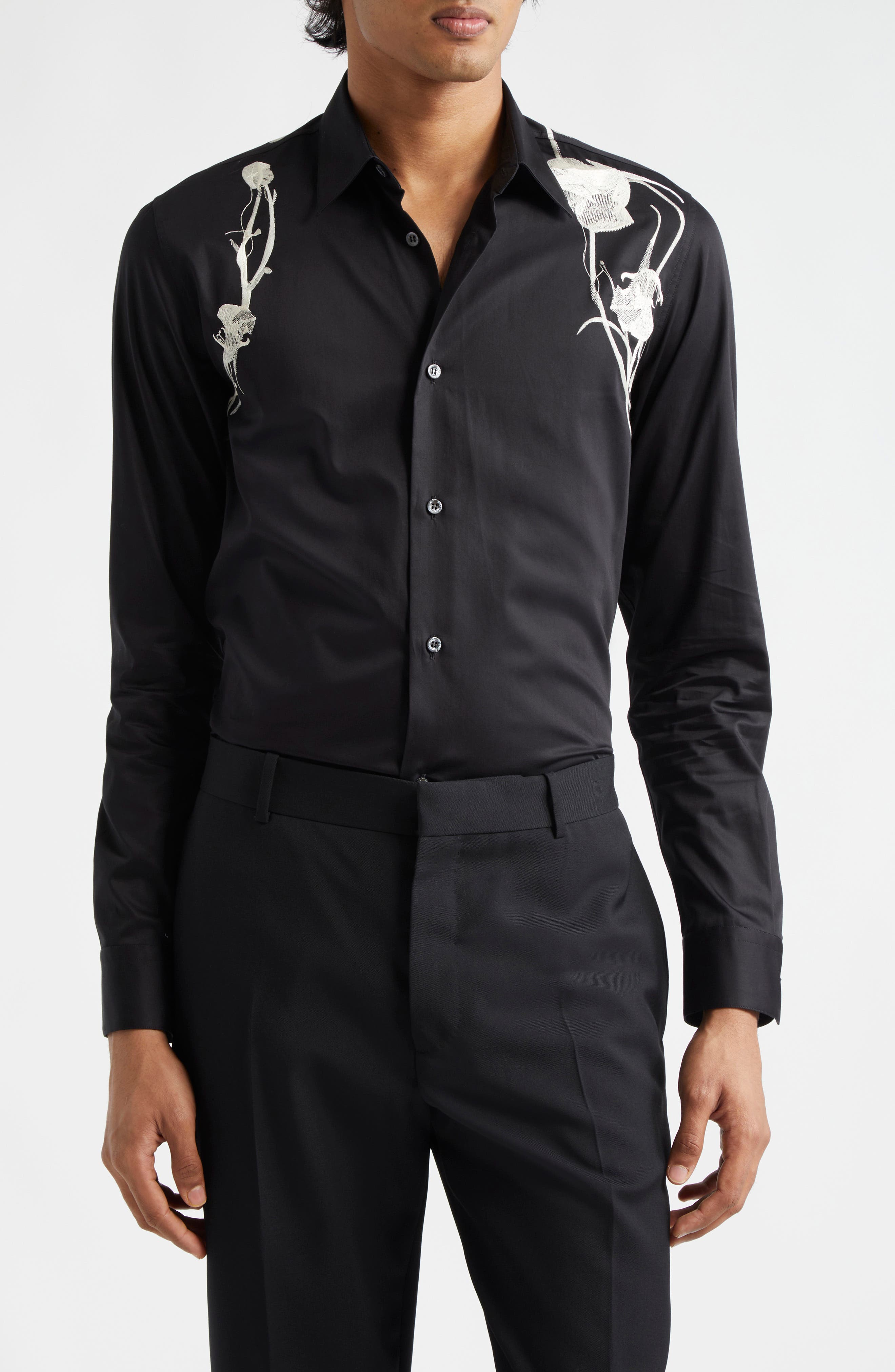 Alexander McQueen Pressed Flower Embroidered Cotton Sateen Button-Up Shirt  | Nordstrom