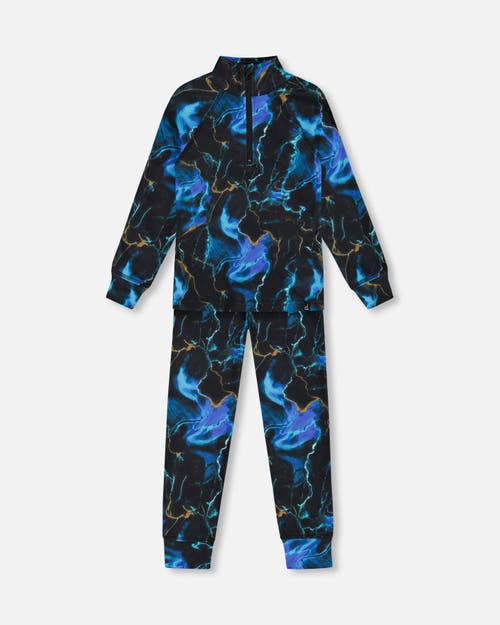 Deux Par Deux Two Piece Thermal Underwear Set Black Printed Storm - Little Kid In Printed Storm