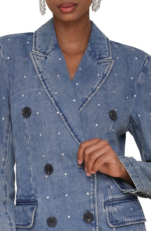 Avec Les Filles Double Breasted Denim Blazer In Med Blue With Rhinestones