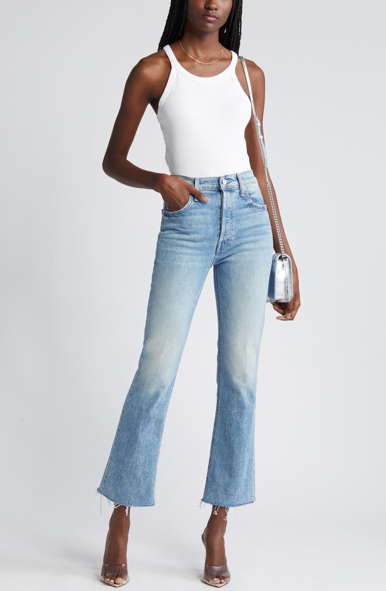 MOTHER The Tripper High Waist Flood Frayed Flare Jeans, Main, color, Left In The Dust