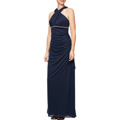 Alex Evenings Halter Neck Ruched Gown, Blue
